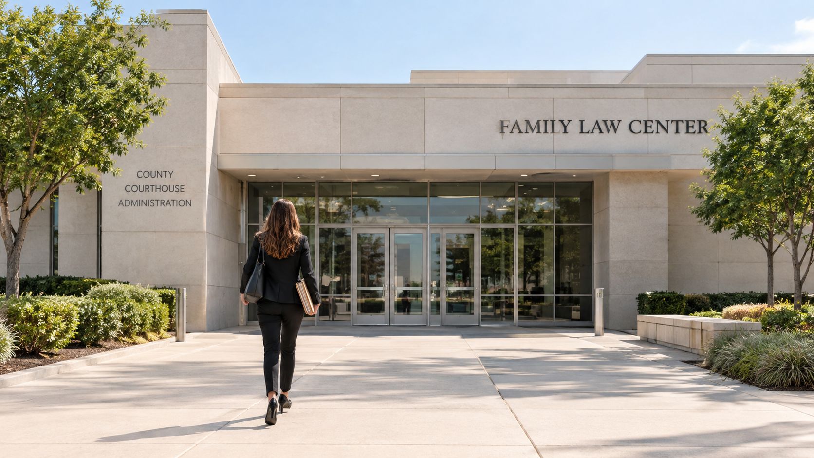 A professional woman walking toward the entrance of the Family Law Center and County Courthouse Administration building.