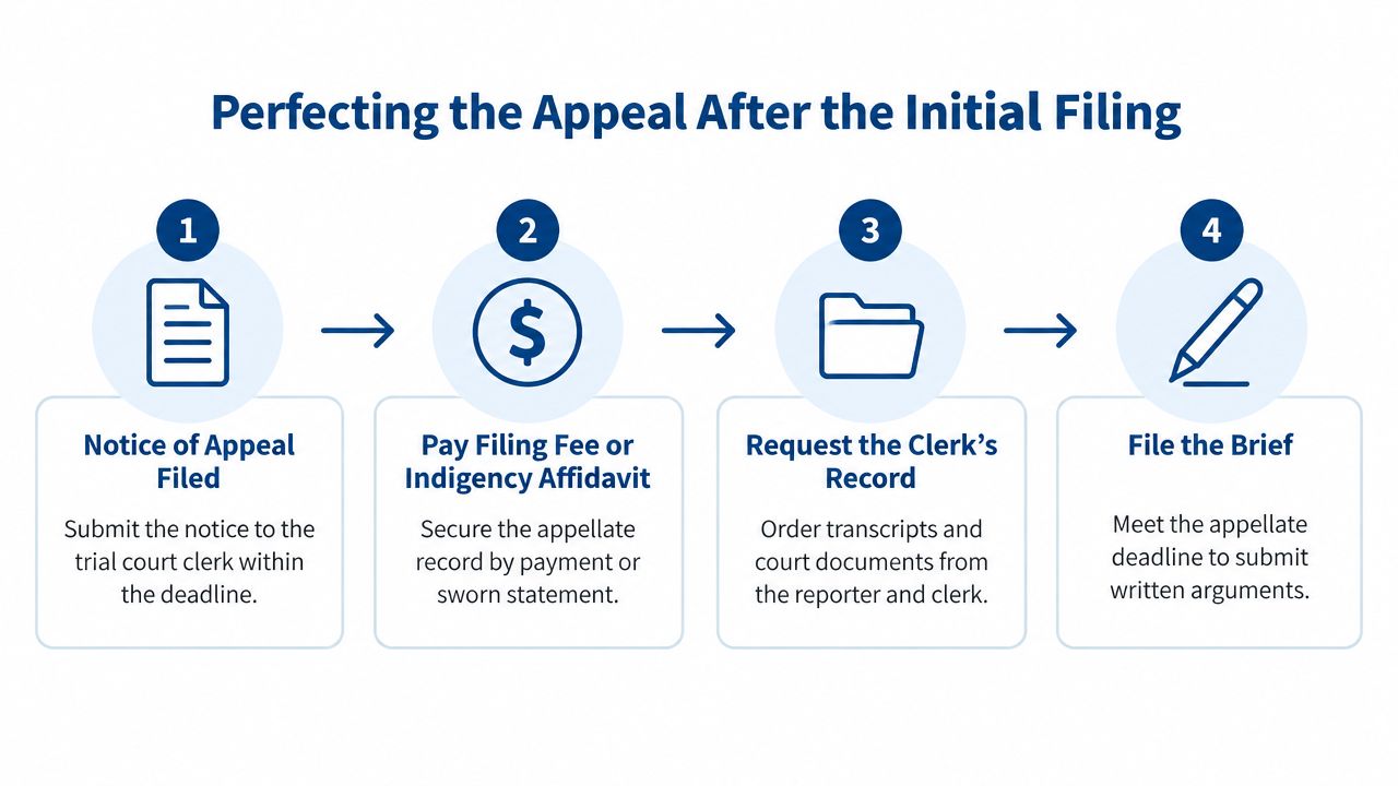 A four-step infographic illustrating the legal process of perfecting an appeal after the initial filing.