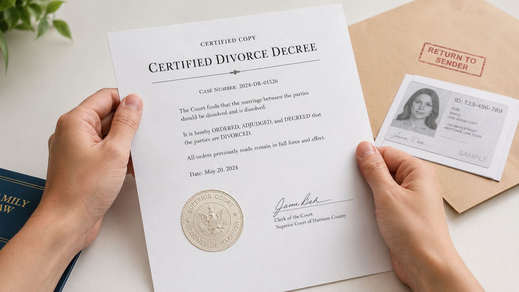 A person holds a certified divorce decree document with a court seal and an identity card nearby.