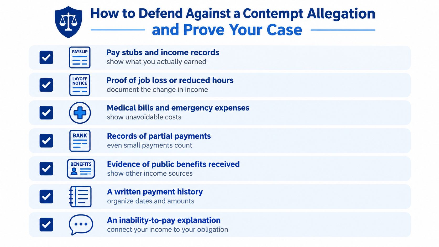 A checklist infographic outlining seven essential documents needed to defend against a court contempt allegation case.