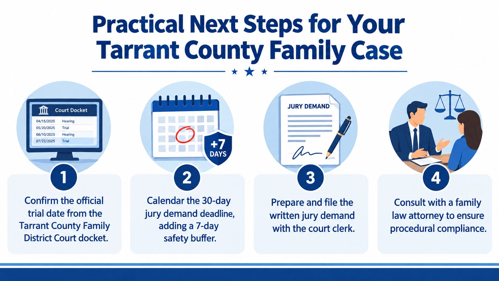 An infographic outlining four practical next steps for preparing for a Tarrant County family law jury trial.