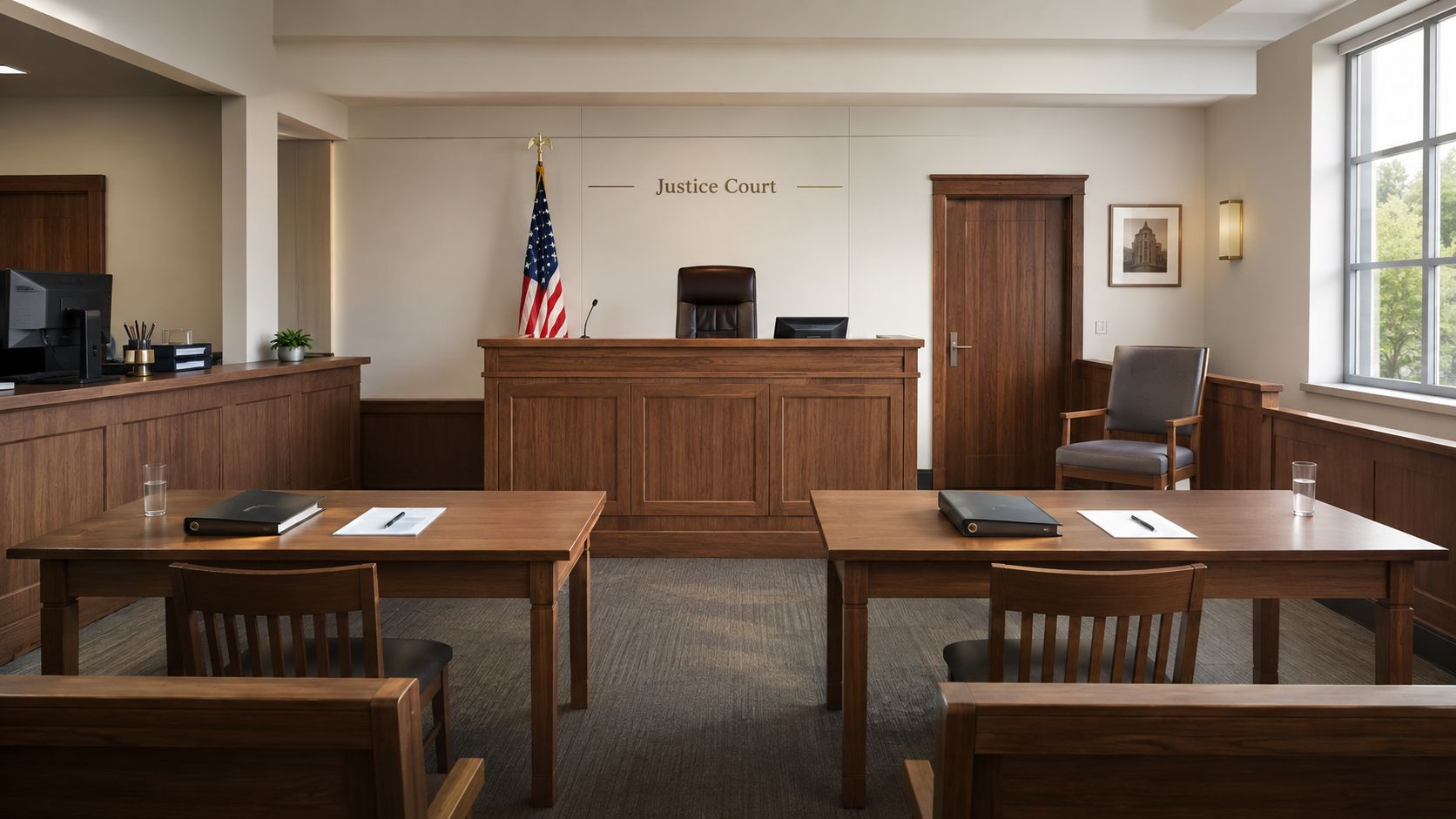 A courtroom interior with a judge's bench, American flag, witness stand, and wooden tables for legal counsel.