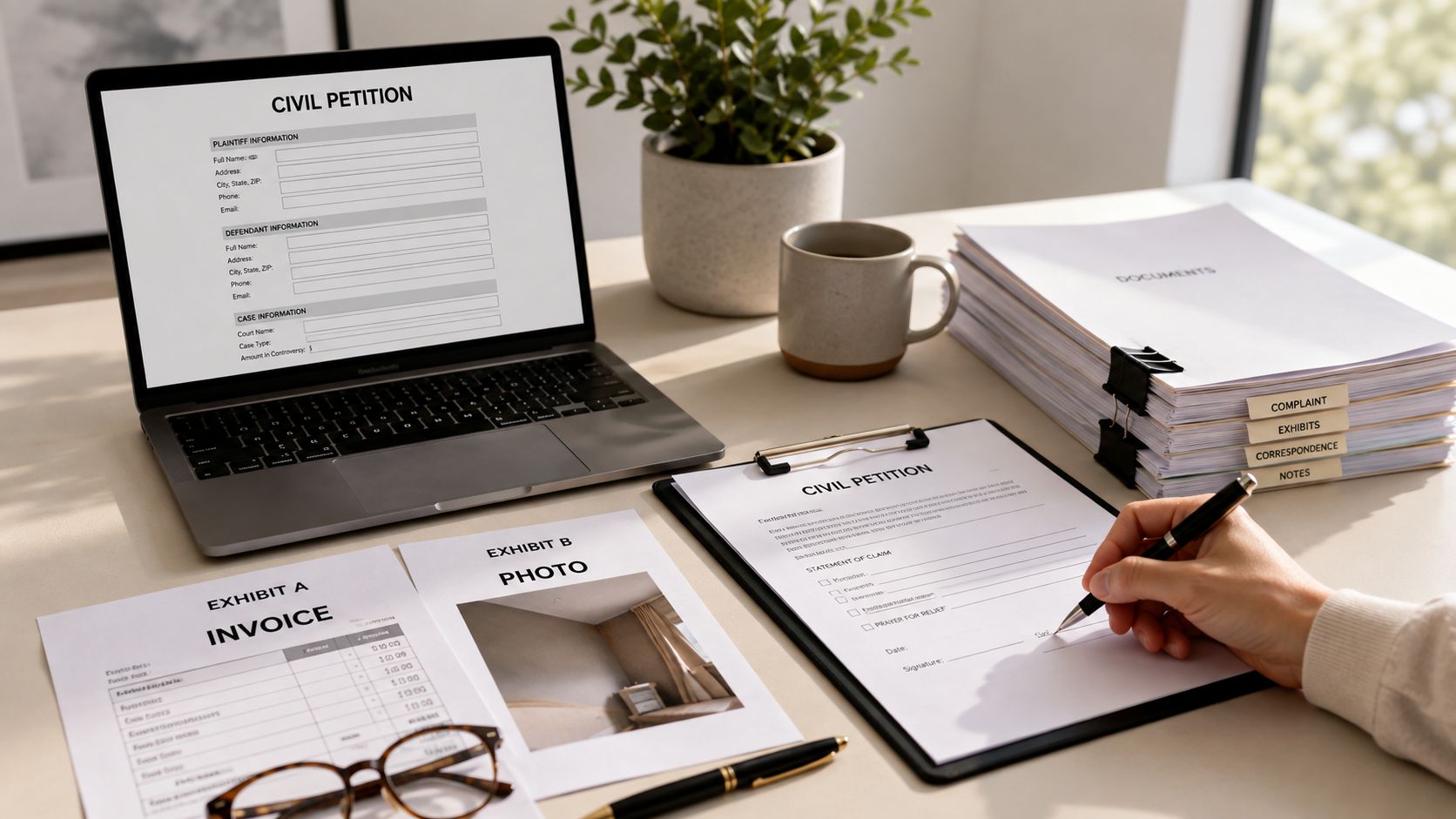 A person signs a civil petition document at a desk with a laptop, evidence photos, and legal files.