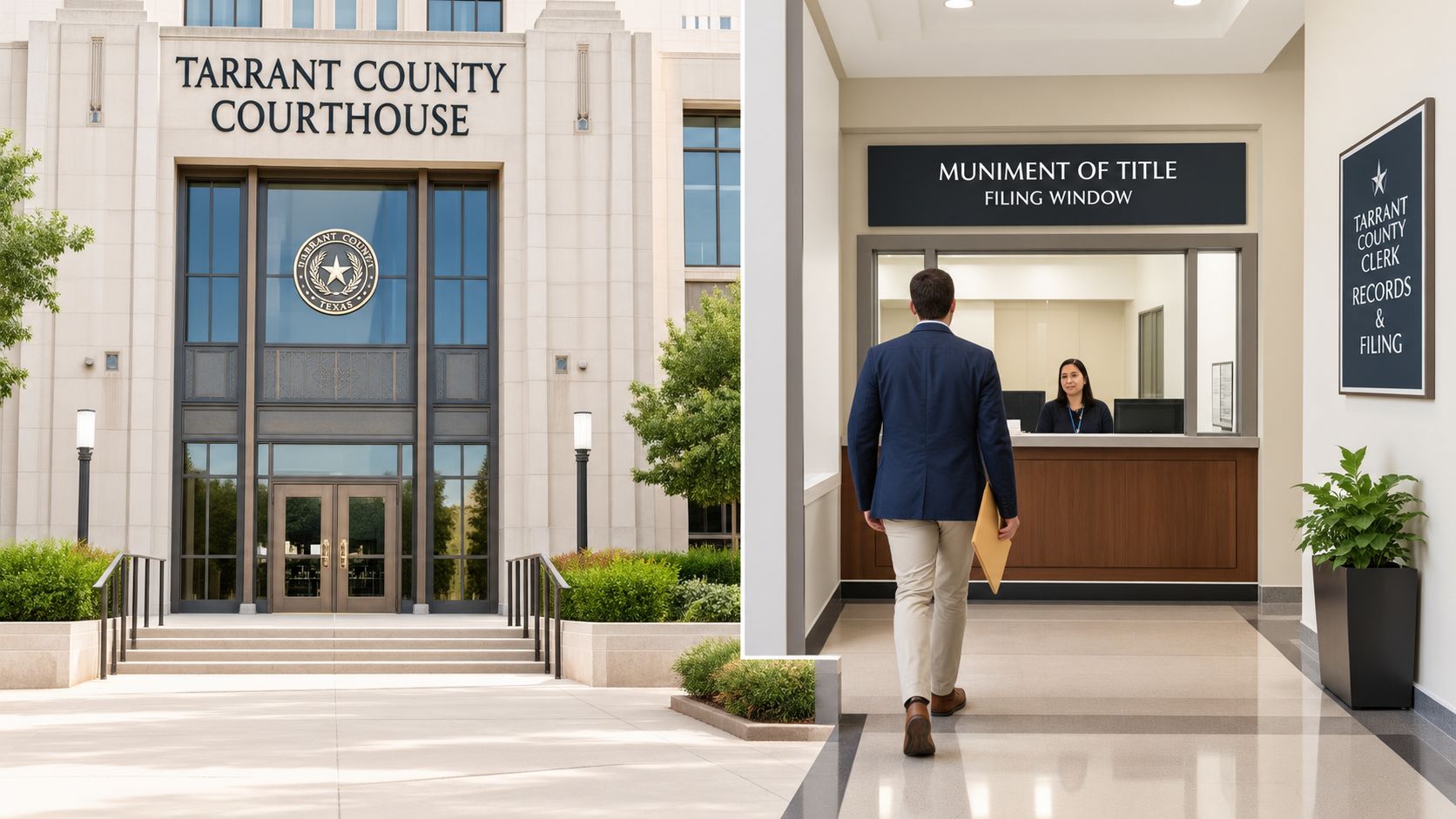 A person walking toward a Muniment of Title filing window at the Tarrant County Courthouse in Texas.