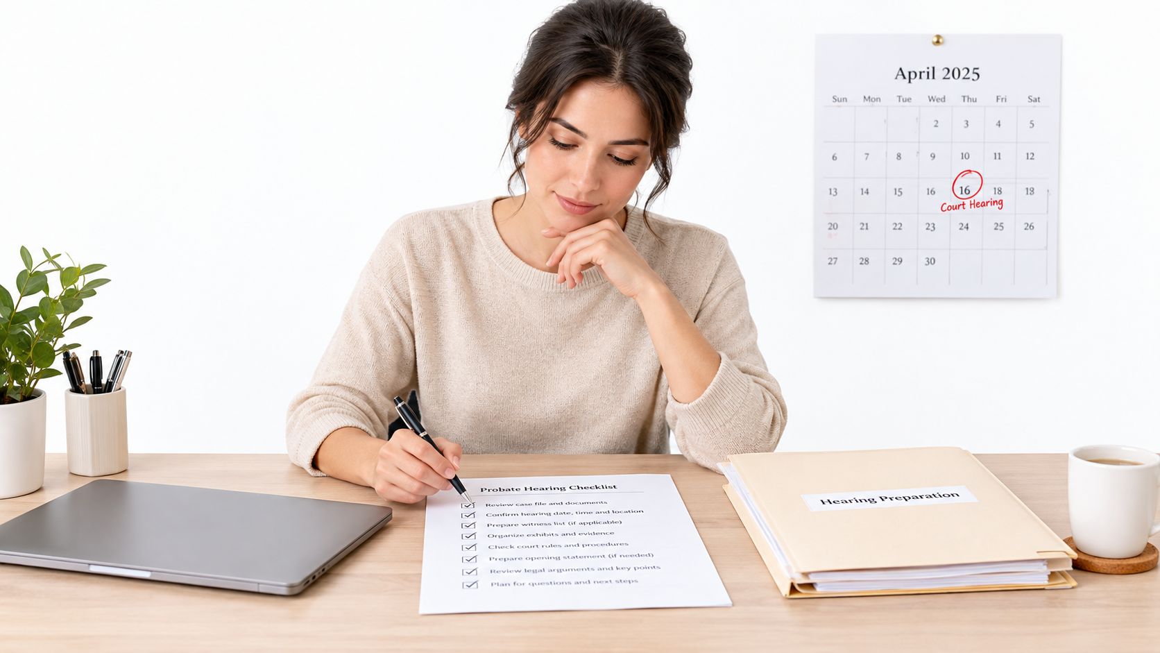A professional woman checking off tasks on a probate hearing checklist at her organized office desk.