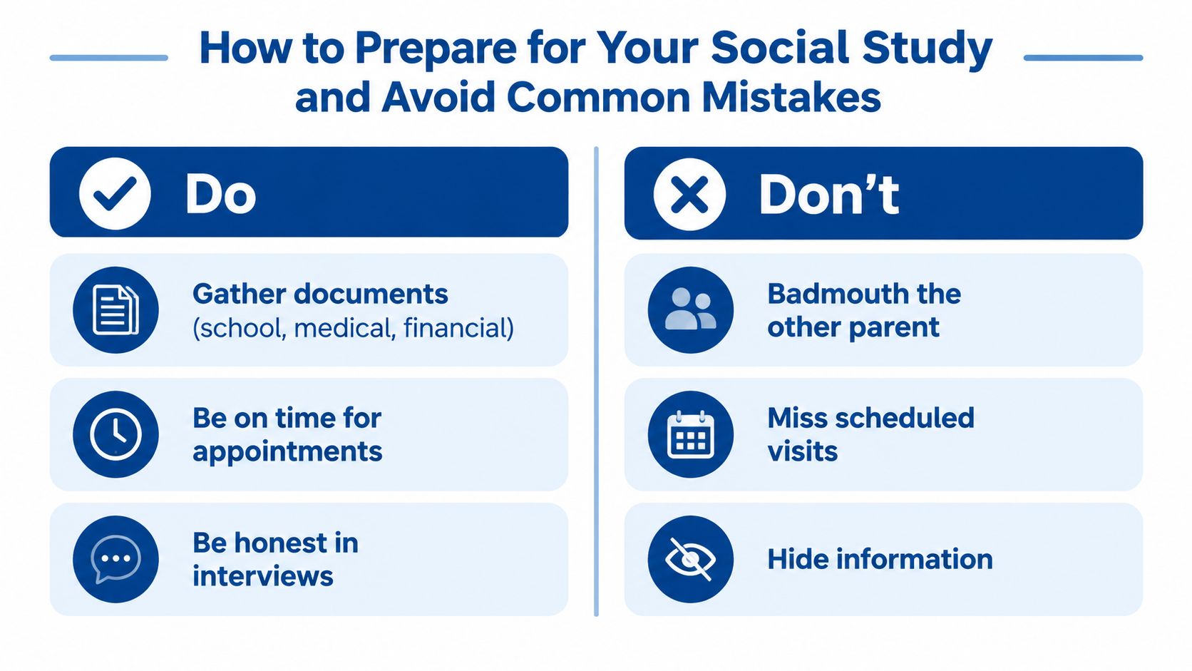 A guide infographic outlining tips to prepare for a custody evaluation including do's and don'ts.