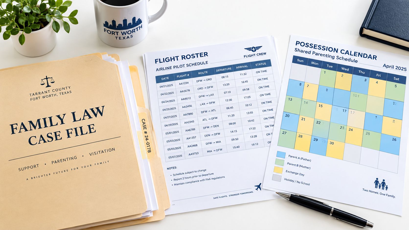 A family law case file sits beside an airline pilot flight roster and a possession calendar.