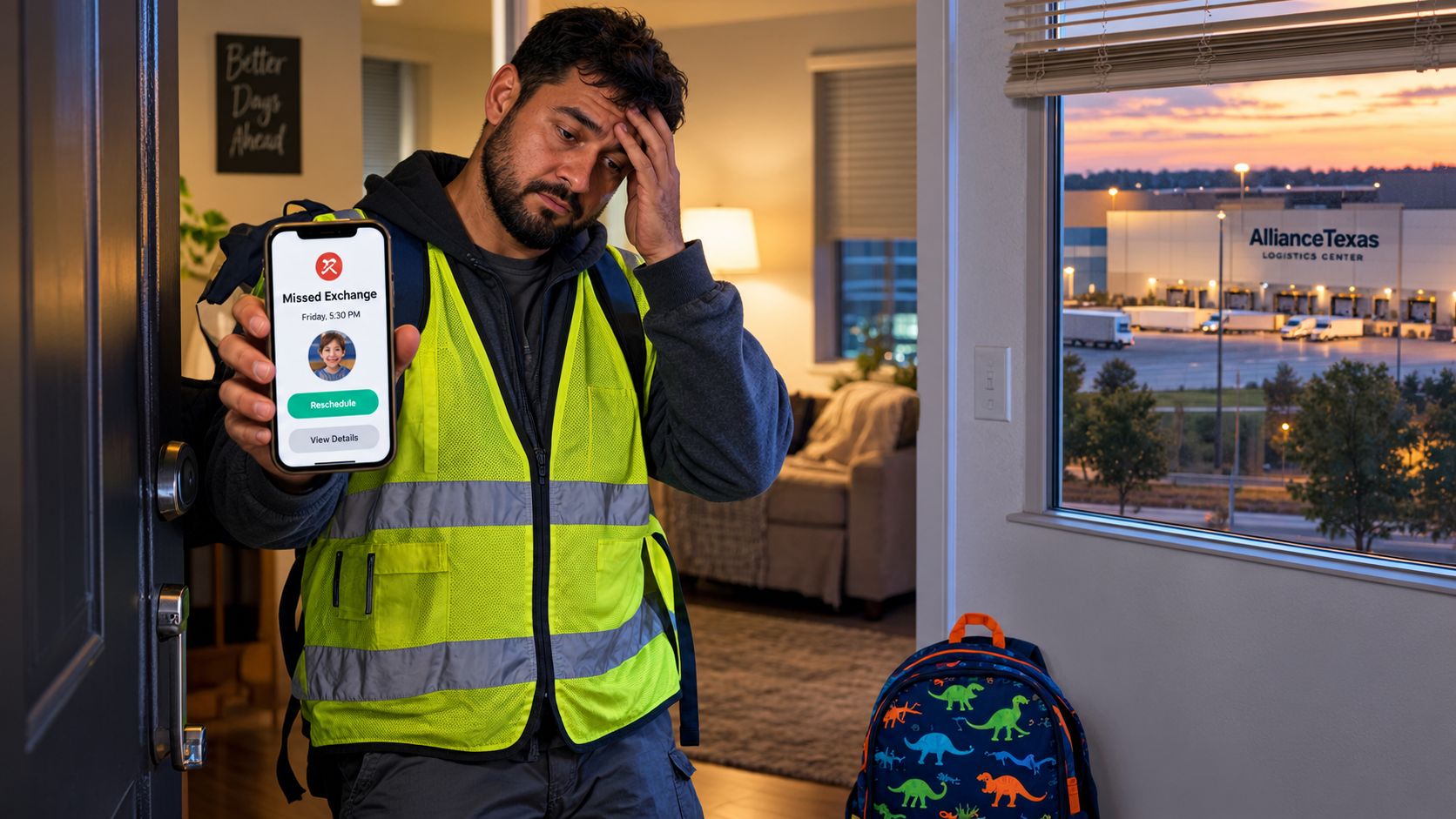 A tired worker wearing a high-visibility vest stands in a doorway holding a phone showing a custody schedule.