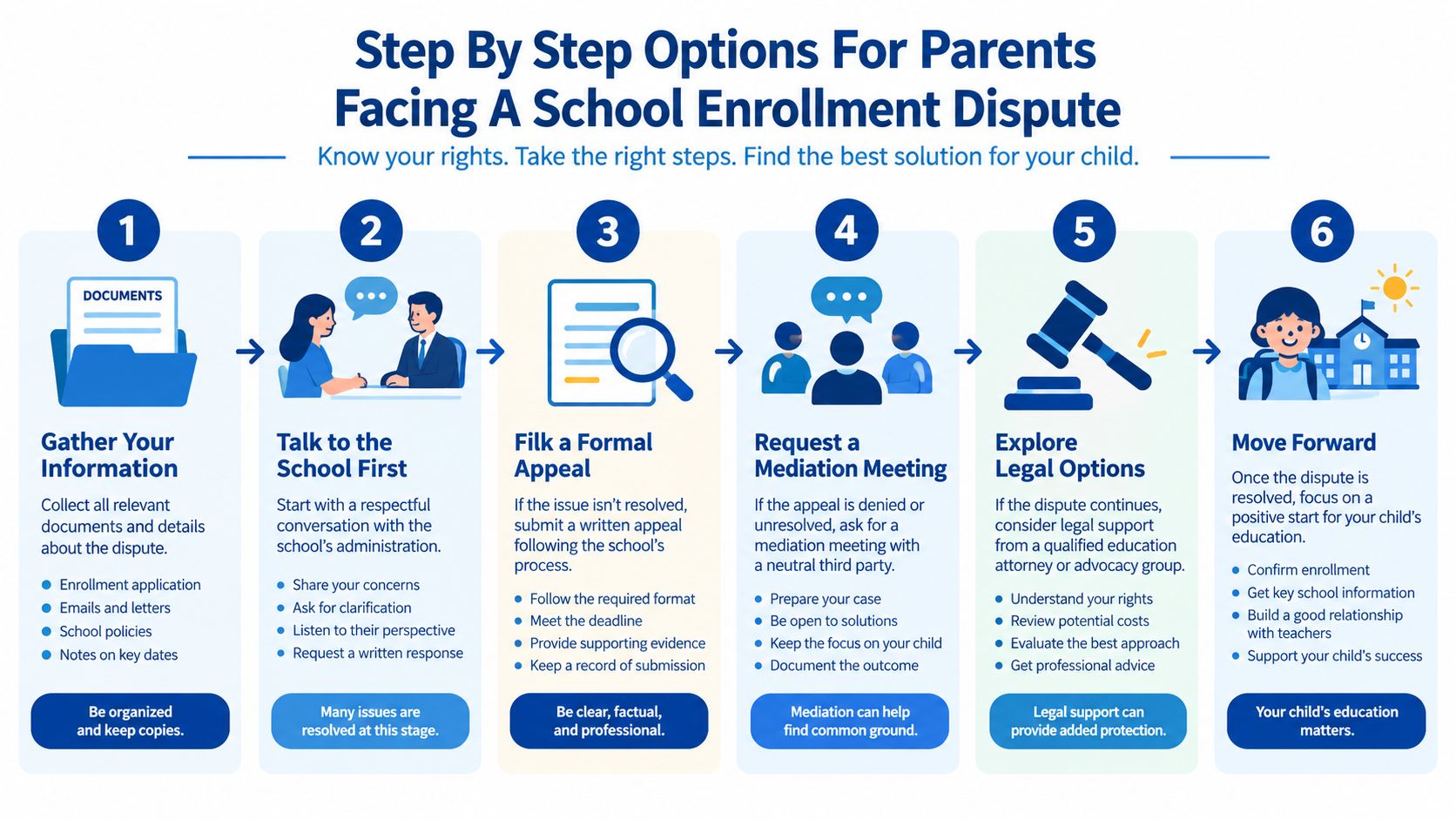 A six-step infographic guide for parents on how to resolve a school enrollment dispute professionally and effectively.