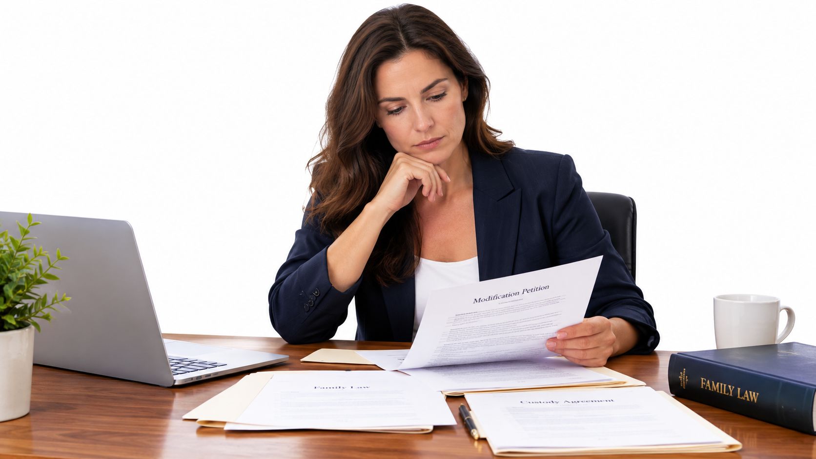 A professional female attorney reviewing a modification petition and family law custody agreement at her desk.