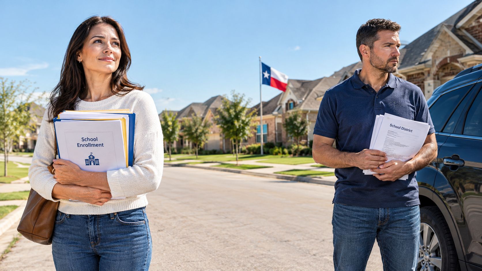 A couple standing on a residential street in Texas holding school enrollment documents with a house nearby.