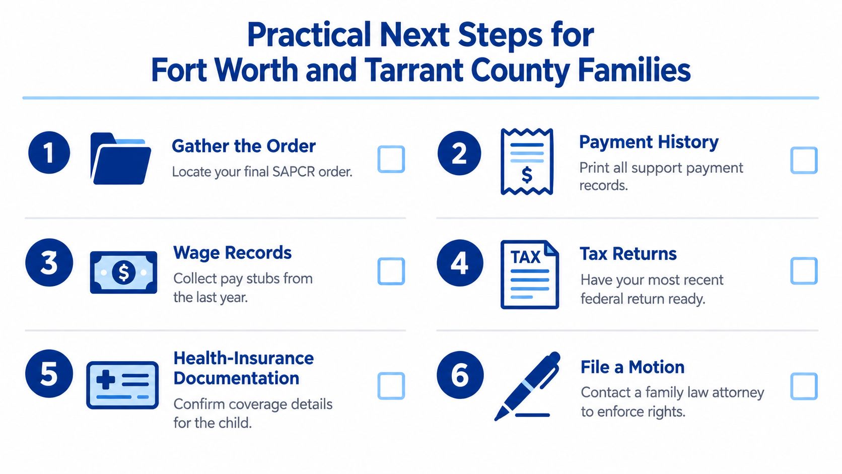 A checklist for Fort Worth and Tarrant County families outlining six practical next steps for enforcing child support.