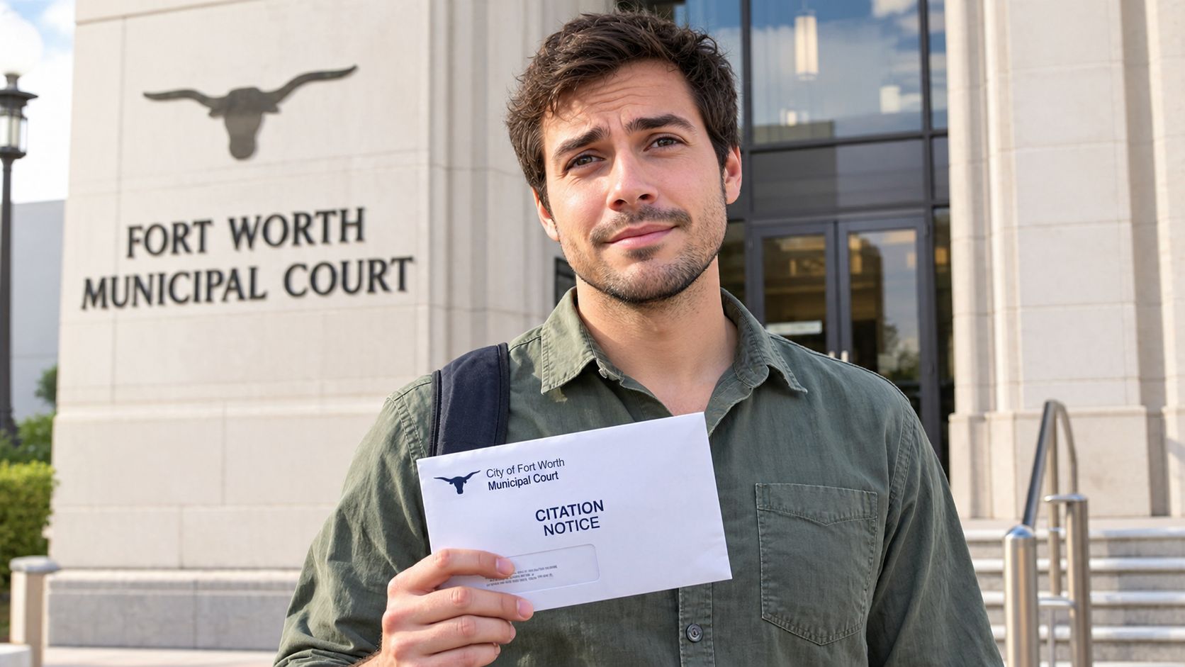 A young man holding a City of Fort Worth Municipal Court citation notice in front of the building.