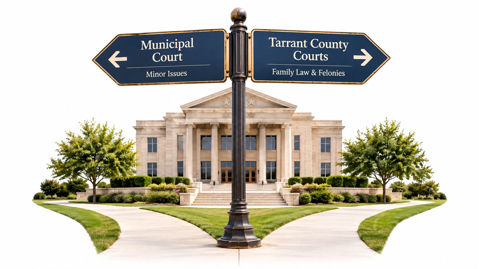 A dual-direction signpost pointing toward Tarrant County Courts and Municipal Court in front of a courthouse building.