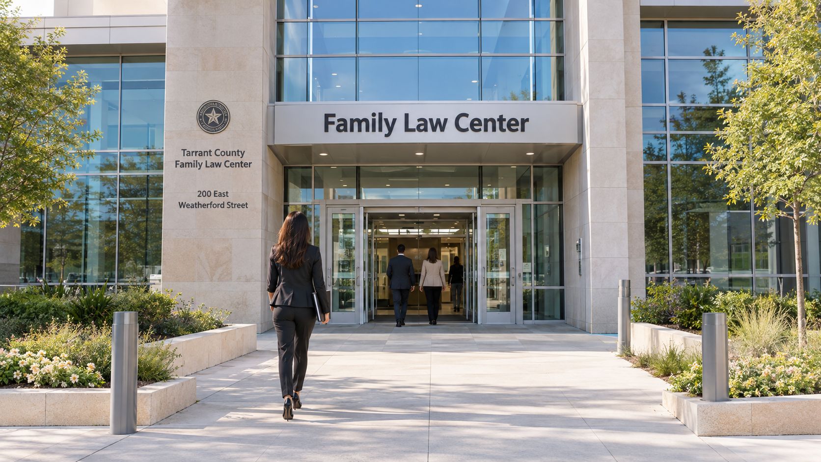 A professional woman walking toward the entrance of the Tarrant County Family Law Center in Texas.