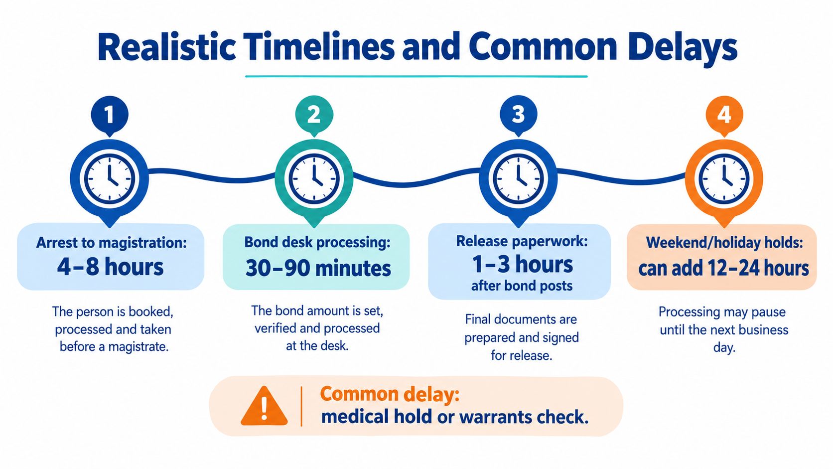 A diagram outlining the realistic timelines for the jail bond and release process with common delays.