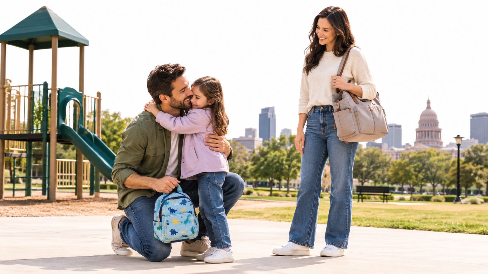 A happy father hugs his daughter in a park with a city skyline and capitol dome background.