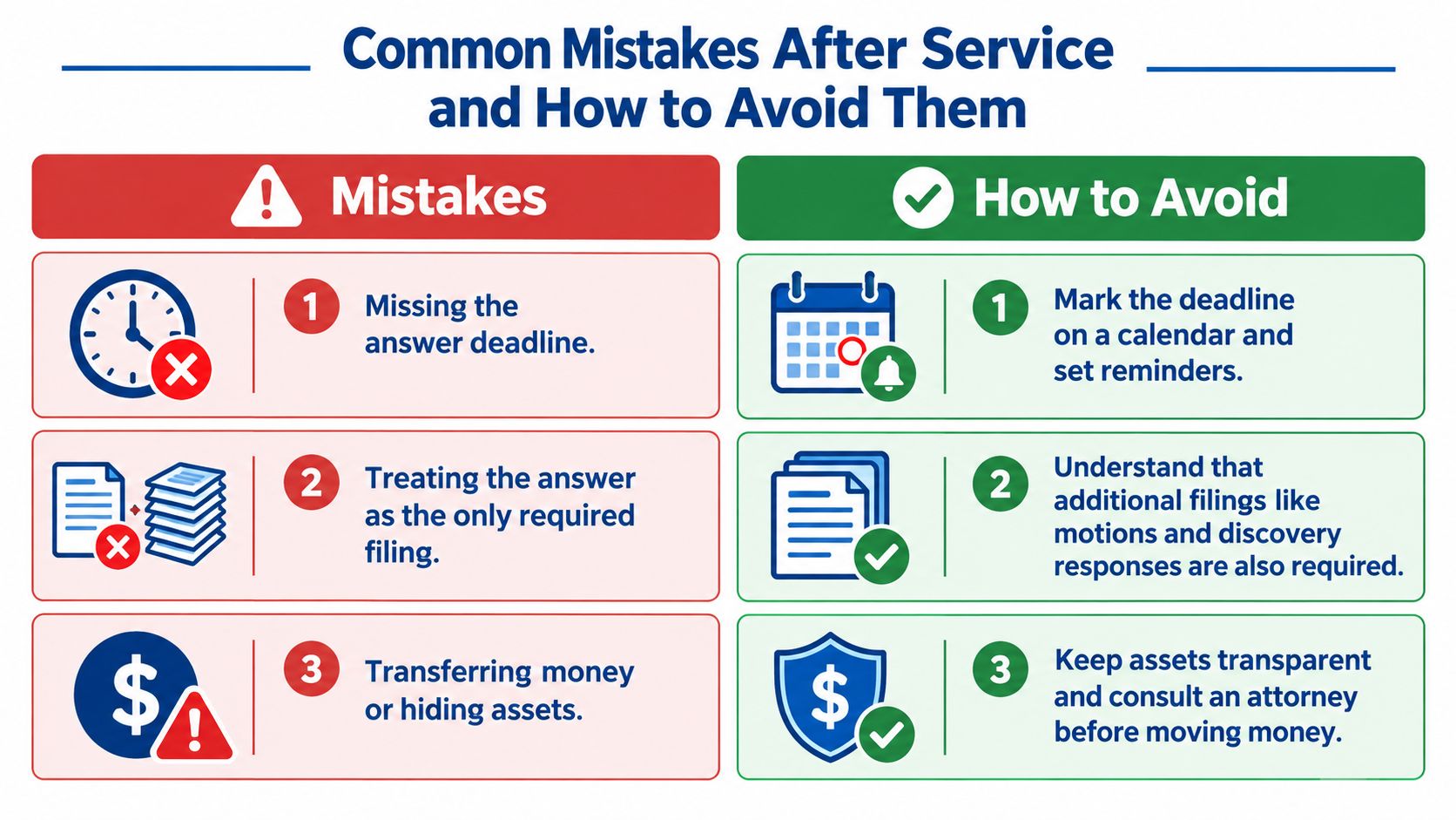 A visual guide outlining common legal mistakes after being served with papers and how to avoid them.
